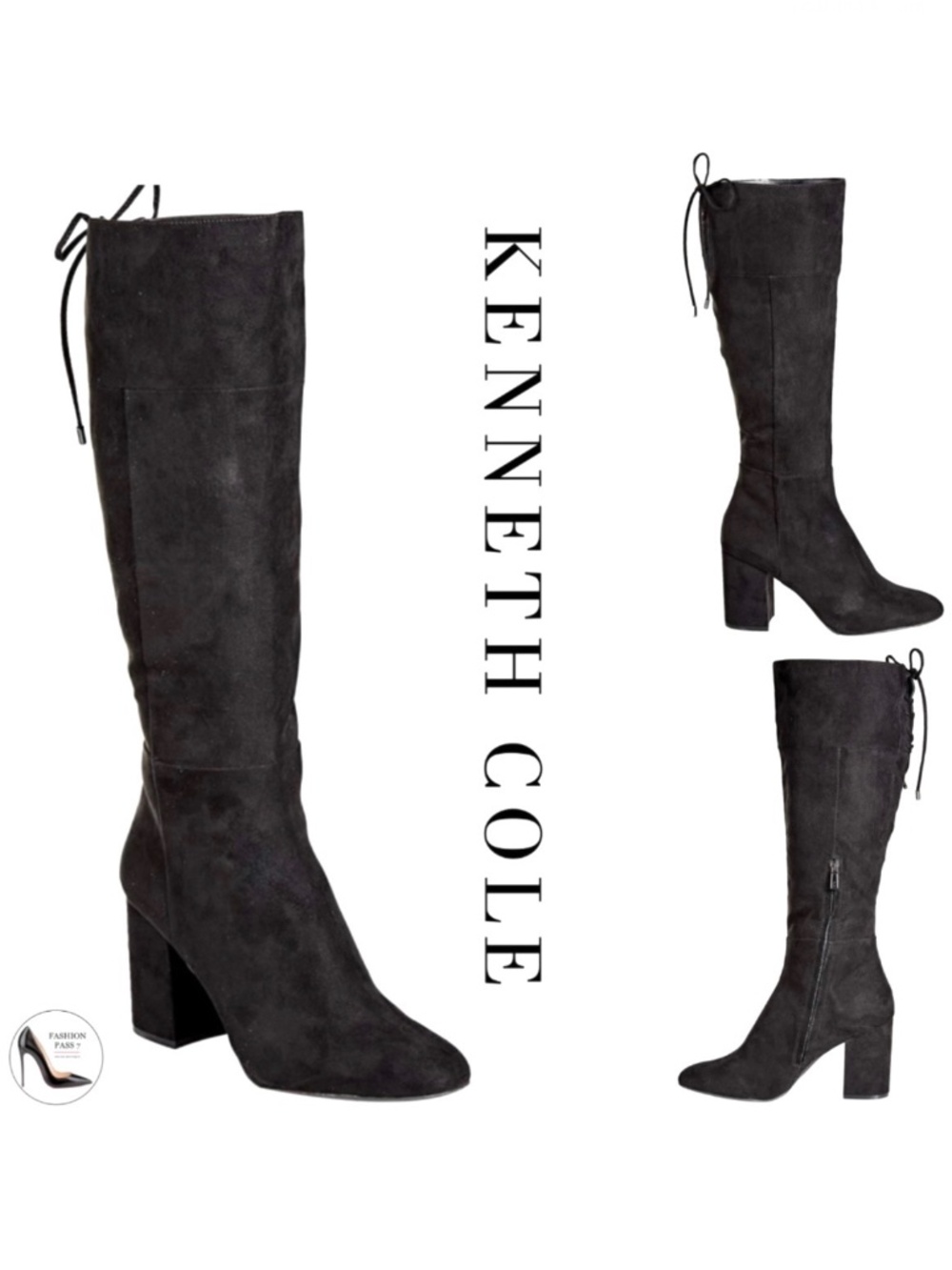 Kenneth Cole Women's Corie Lace-up Knee High Boot Block Heel Black Suede Boots 9